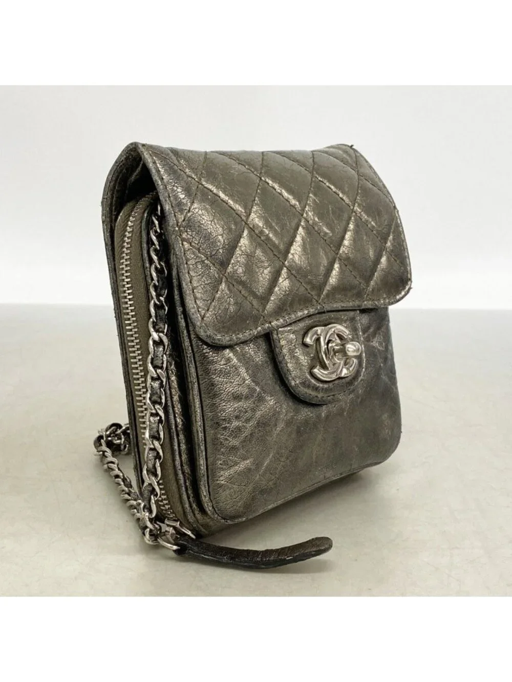 Chanel Shoulder Bag Quilted Leather Gray Silver